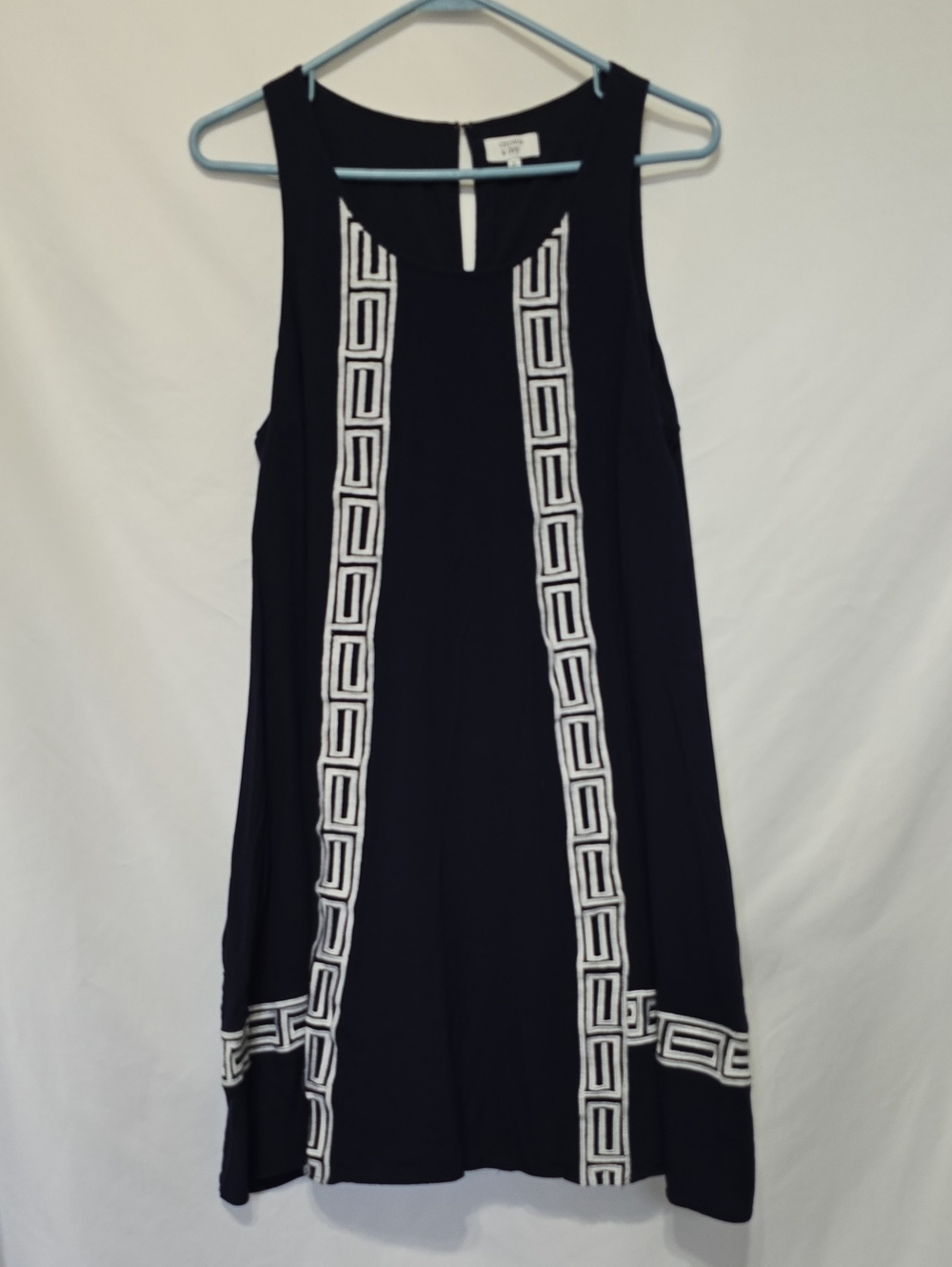 Crown & Ivy Navy Blue Greek Key Embroidered Sleeveless Trapeze Swing Dress M
